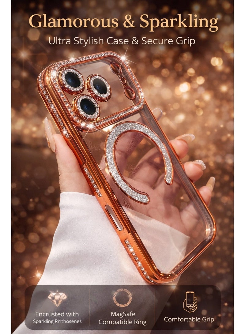 جراب فاخر مرصع بالألماس لهاتف iPhone 17 Pro Max - غطاء شفاف لامع بتصميم أنيق مع حلقة مغناطيسية، يدعم الشحن اللاسلكي، حماية للكاميرا، وتصميم نحيف. - Image 3